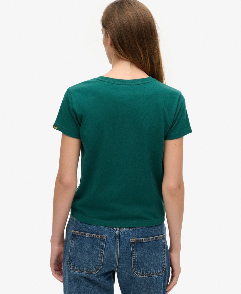 getailleerd varsity-t-shirt met fluweelachtige afwerking in donker bosgroen.
