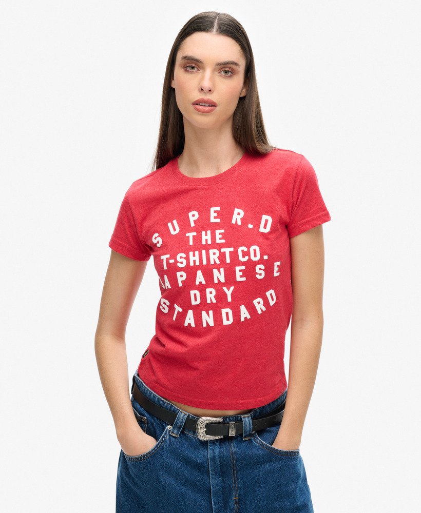 getailleerd t-shirt met puffprint in papajarood gemêleerd
