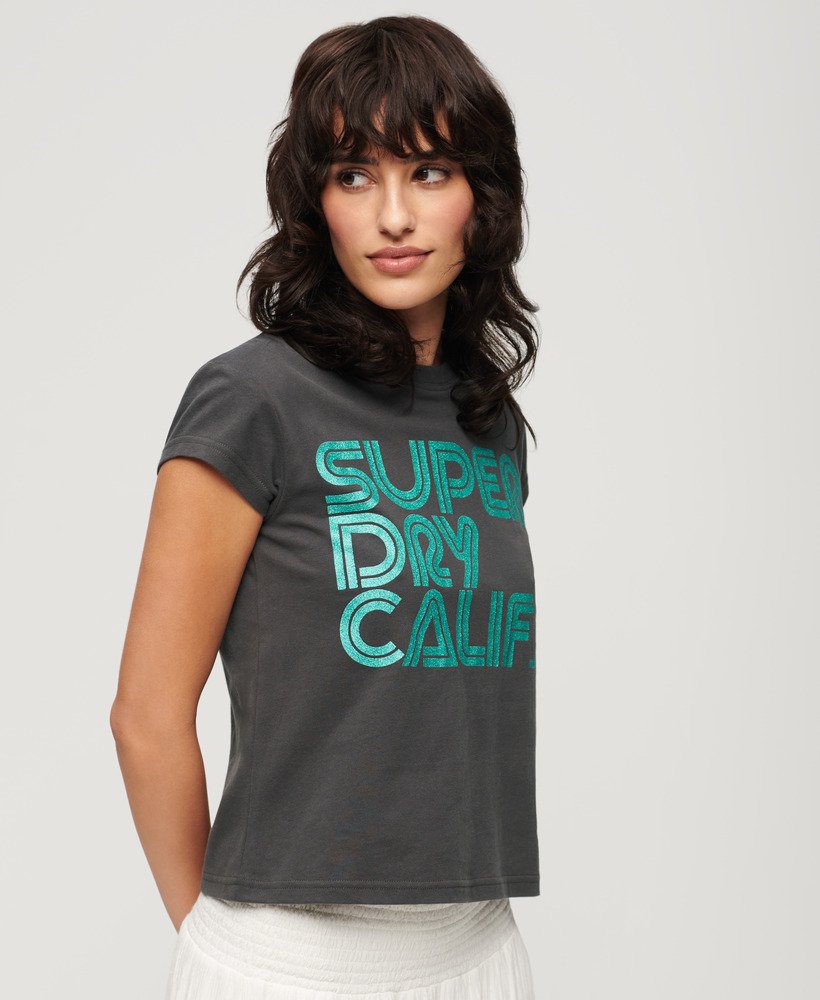 retro glitterlogo t-shirt in vintage zwart