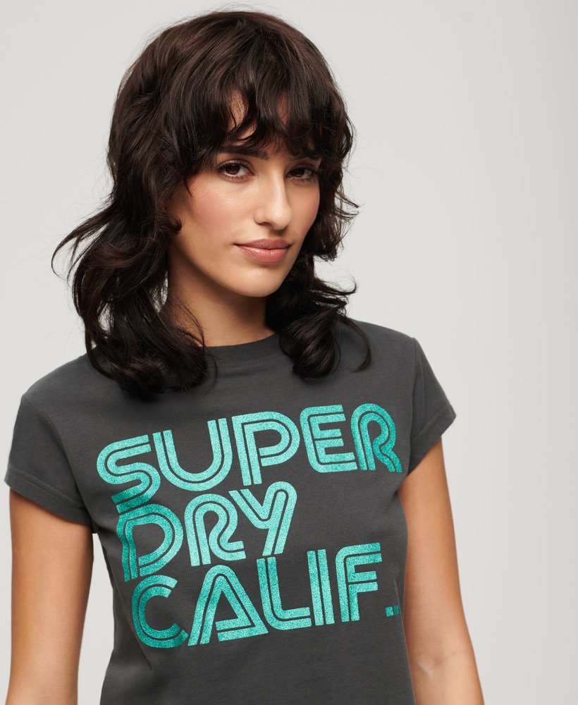 retro glitterlogo t-shirt in vintage zwart