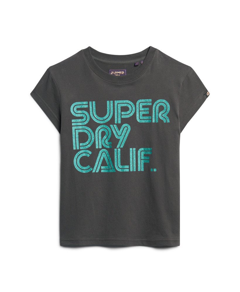 retro glitterlogo t-shirt in vintage zwart