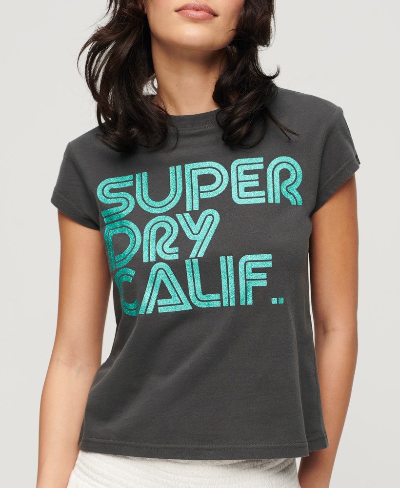 retro glitterlogo t-shirt in vintage zwart