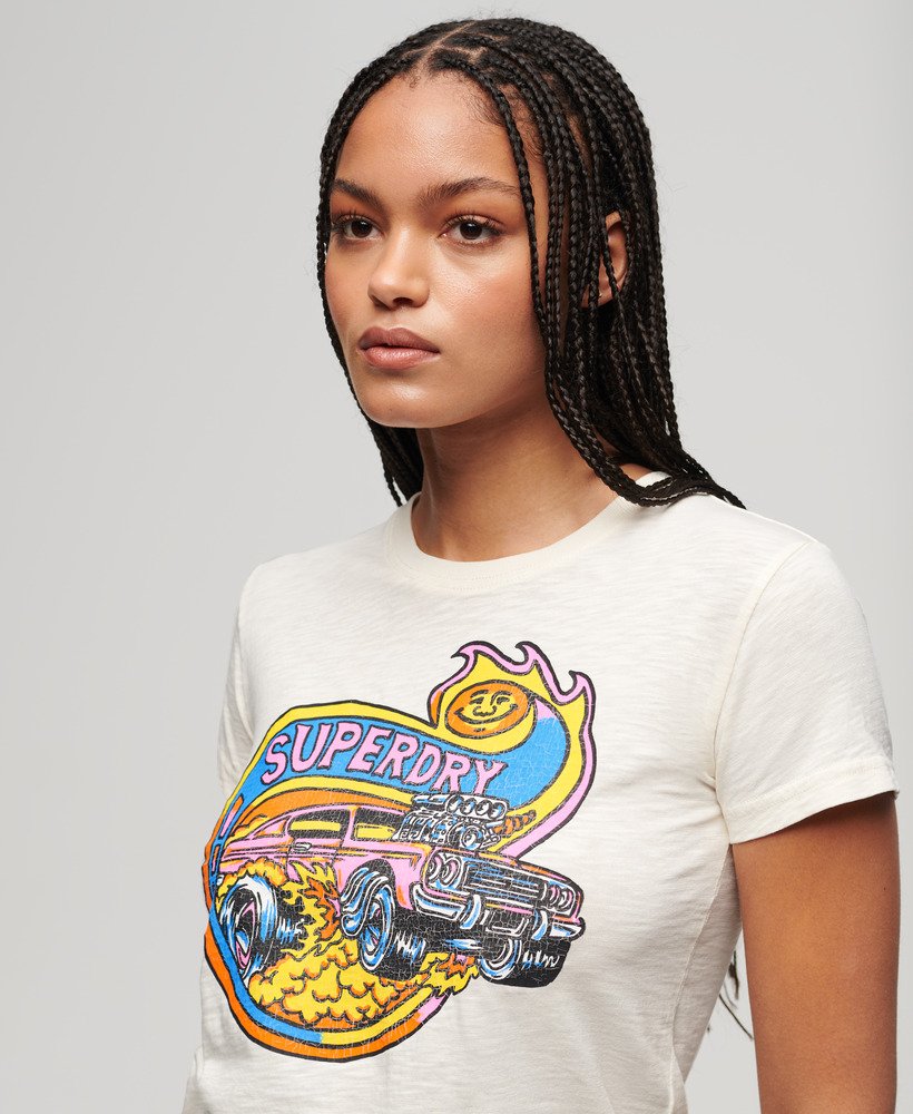 neon motor graphic fitted t-shirt in cream slub