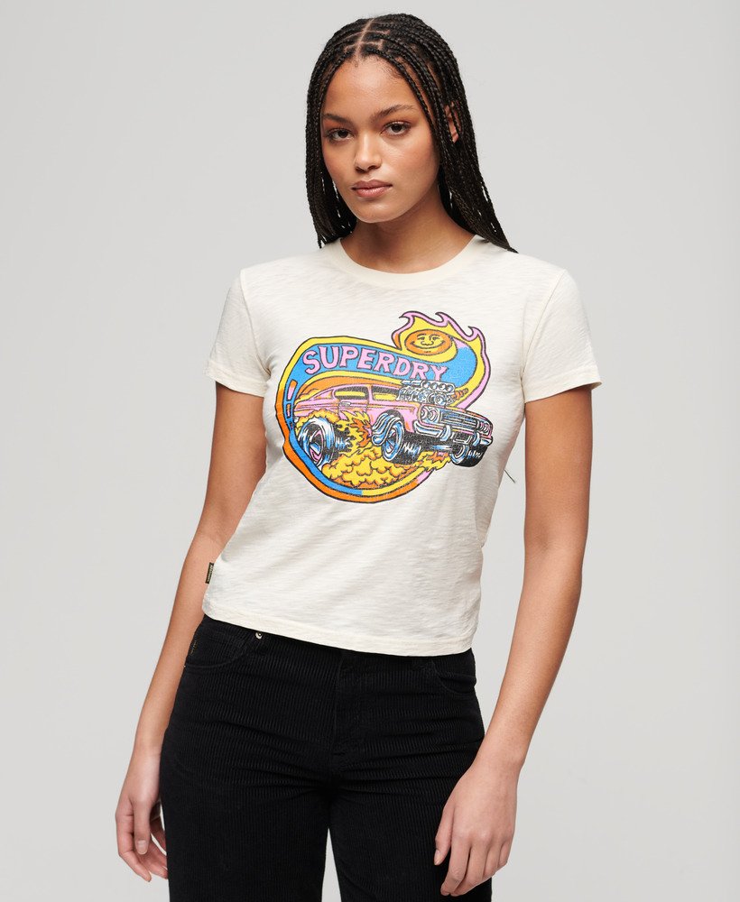 neon motor graphic fitted t-shirt in cream slub