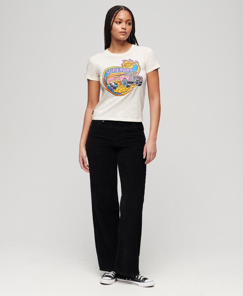 neon motor graphic fitted t-shirt in cream slub
