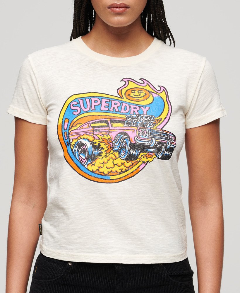 neon motor graphic fitted t-shirt in cream slub