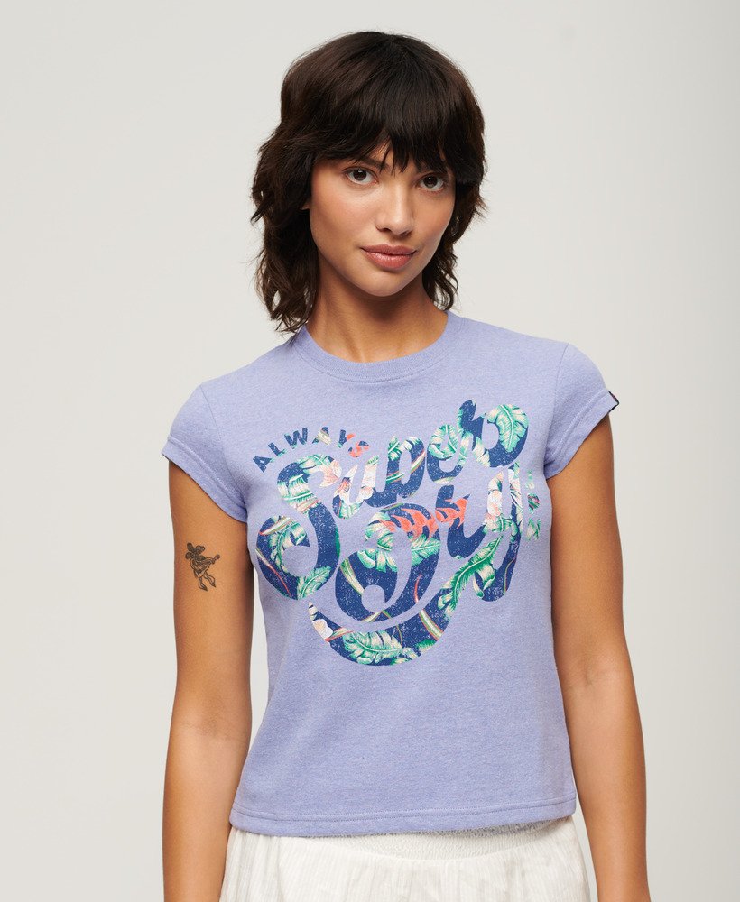 t-shirt met bloemenprint en korte mouwen in gemêleerd paars.