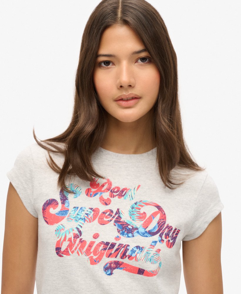 t-shirt met bloemenprint en korte mouwen in gemêleerd grijs.