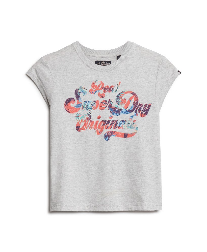 t-shirt met bloemenprint en korte mouwen in gemêleerd grijs.