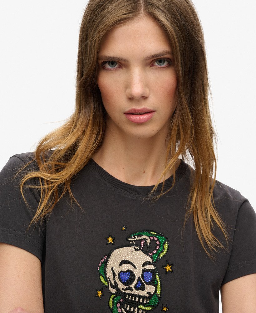 nauwsluitend t-shirt met kleine tattoo-strasssteentjes in bison black