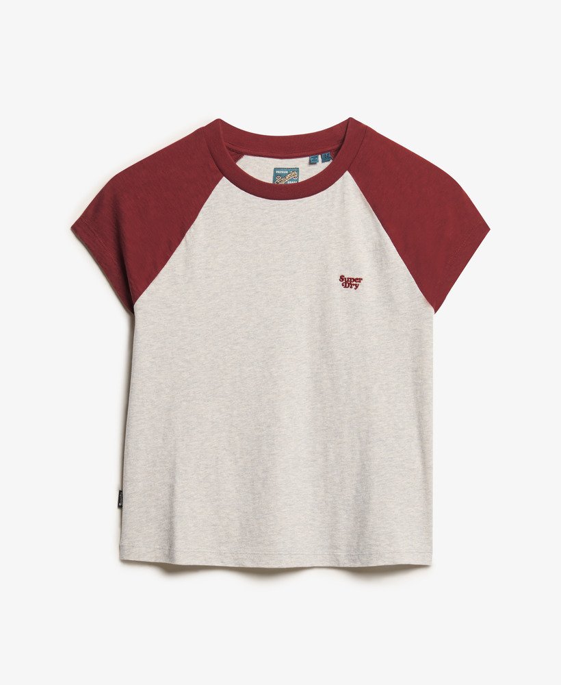 t-shirt met essential-logo en raglanmouwen van biologisch katoen in een rijke bordeauxrodegletsjergrijze kleur.