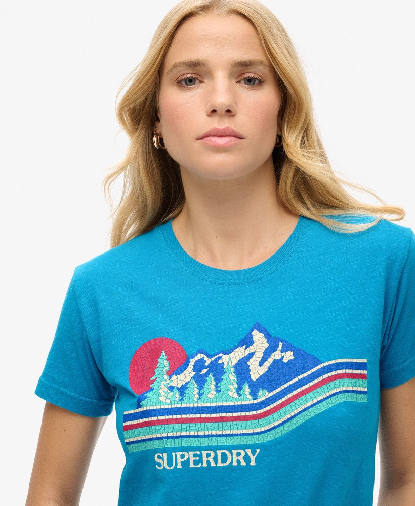 getailleerd t-shirt met outdoorstrepen in azuurblauwgroen.