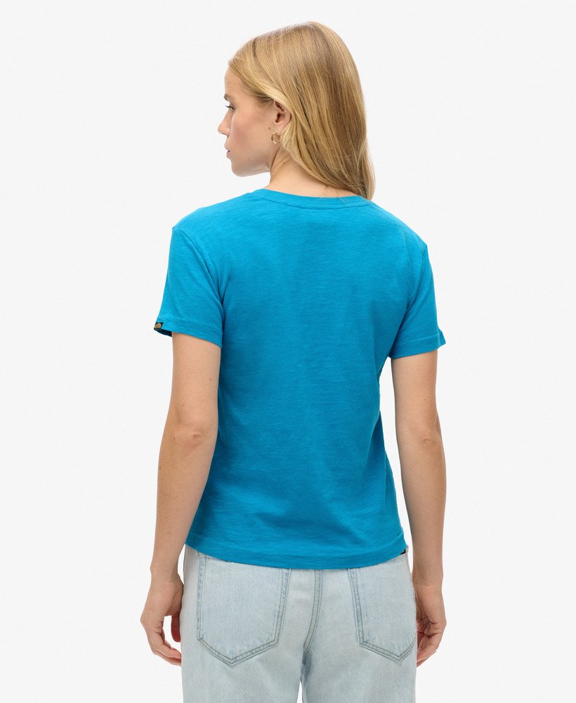 getailleerd t-shirt met outdoorstrepen in azuurblauwgroen.