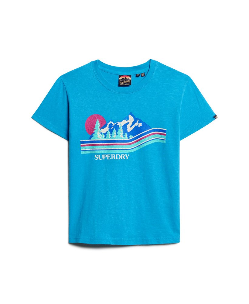 getailleerd t-shirt met outdoorstrepen in azuurblauwgroen.