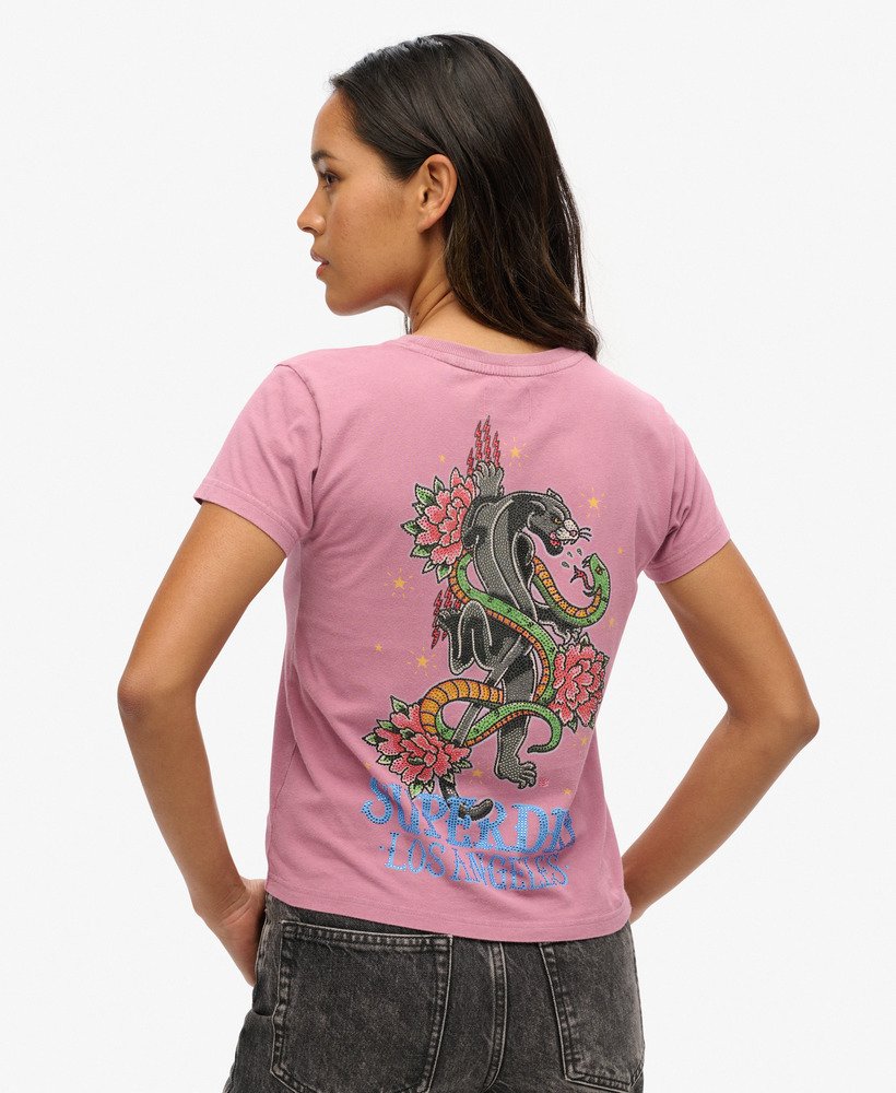 getailleerd t-shirt met strass-steentjes in een donkere orchidee-paarse kleur