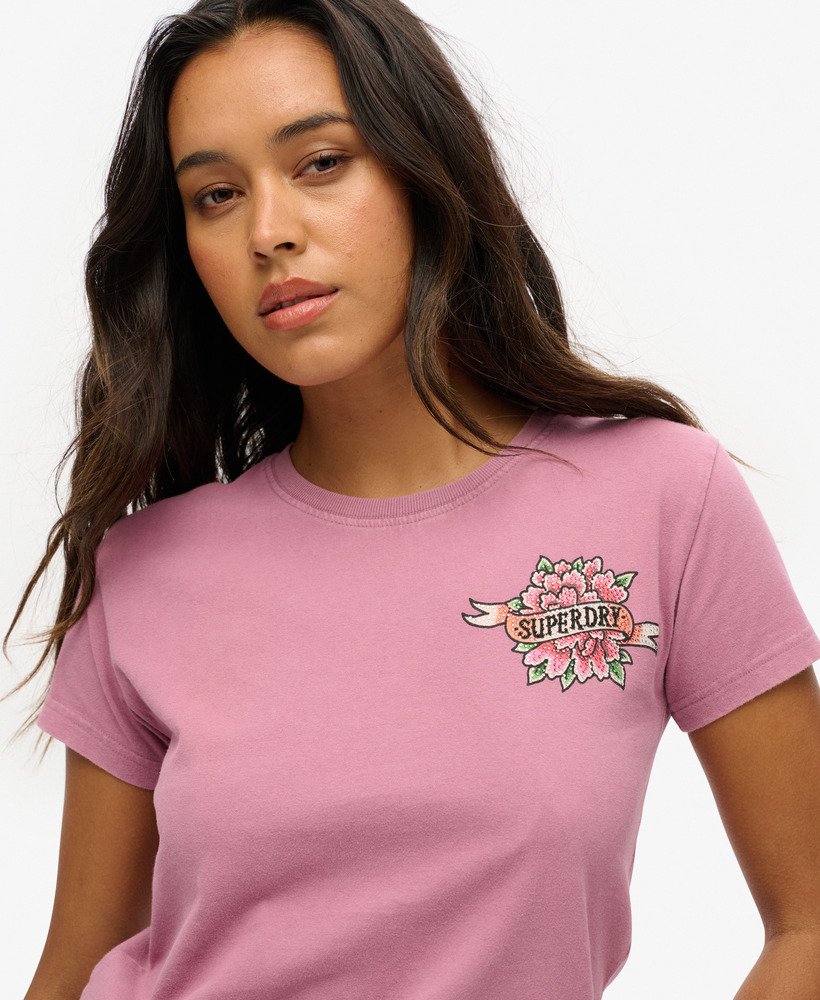 getailleerd t-shirt met strass-steentjes in een donkere orchidee-paarse kleur