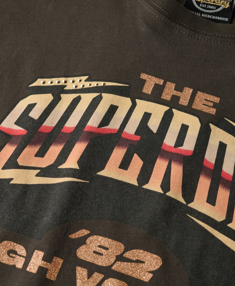 t-shirt met korte mouwen in vintage zwart geïnspireerd op een rockband uit de jaren 70.