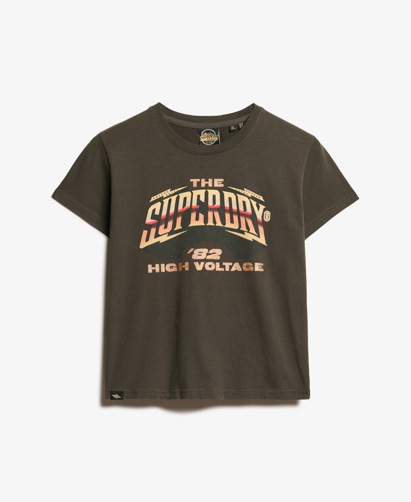 t-shirt met korte mouwen in vintage zwart geïnspireerd op een rockband uit de jaren 70.