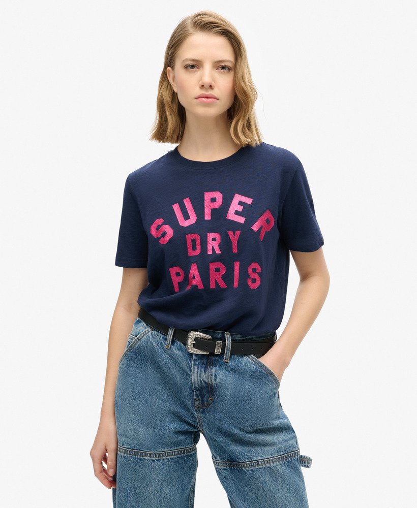 relaxed t-shirt met glitterlogo in een rijke marineblauwe slubstof.