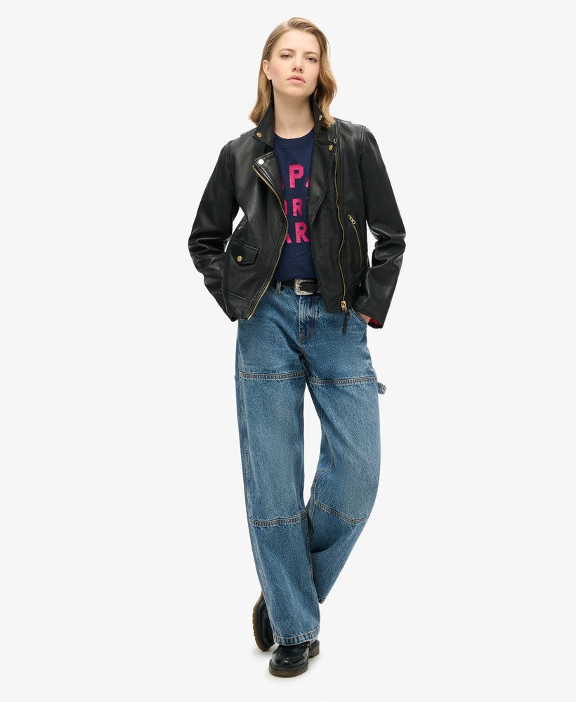 relaxed t-shirt met glitterlogo in een rijke marineblauwe slubstof.