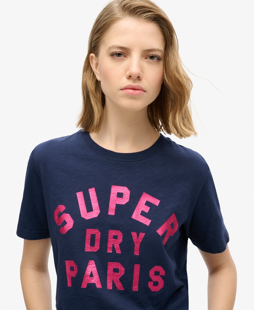 relaxed t-shirt met glitterlogo in een rijke marineblauwe slubstof.