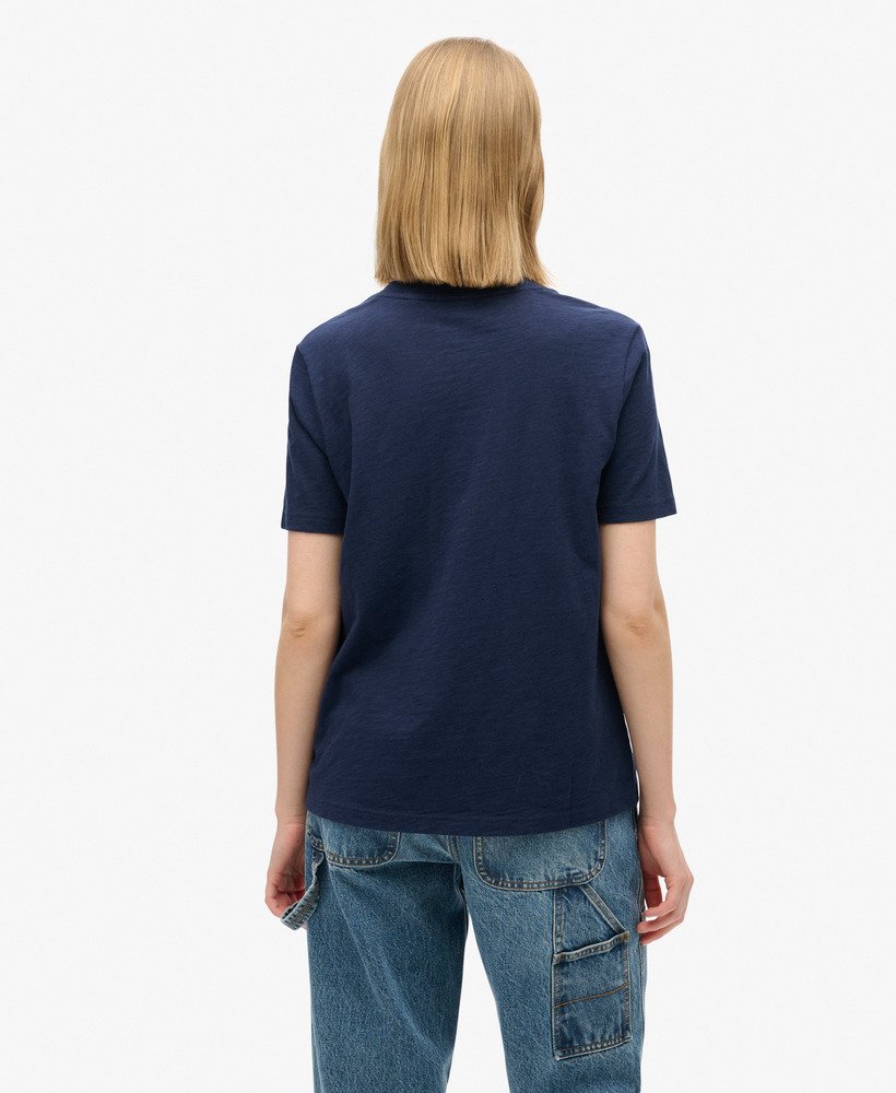 relaxed t-shirt met glitterlogo in een rijke marineblauwe slubstof.