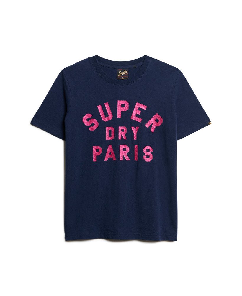 relaxed t-shirt met glitterlogo in een rijke marineblauwe slubstof.
