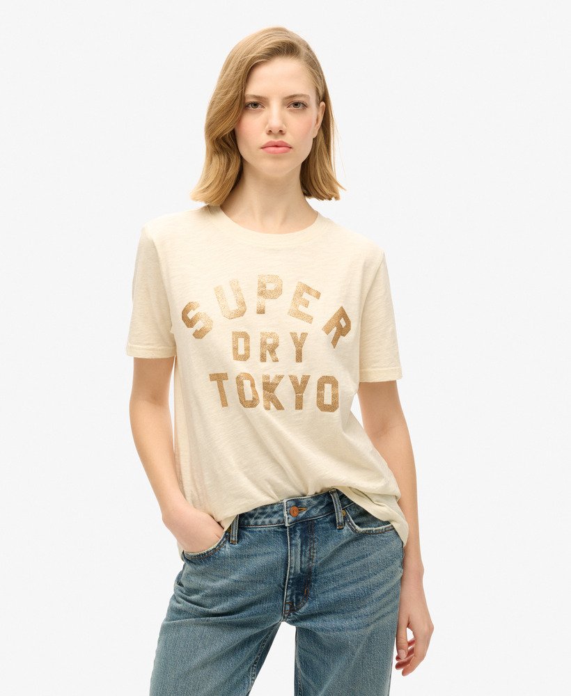 relaxed t-shirt met glitterlogo in crèmekleurige slubstof.