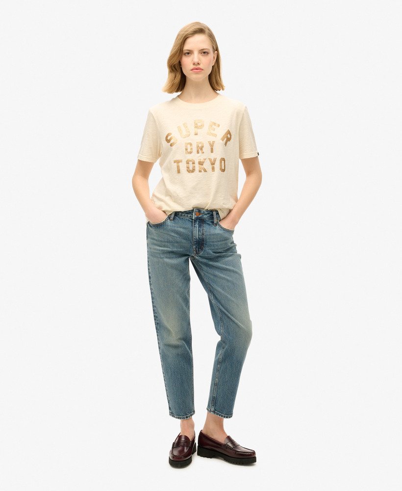 relaxed t-shirt met glitterlogo in crèmekleurige slubstof.