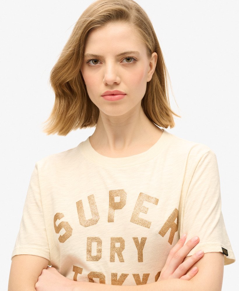 relaxed t-shirt met glitterlogo in crèmekleurige slubstof.