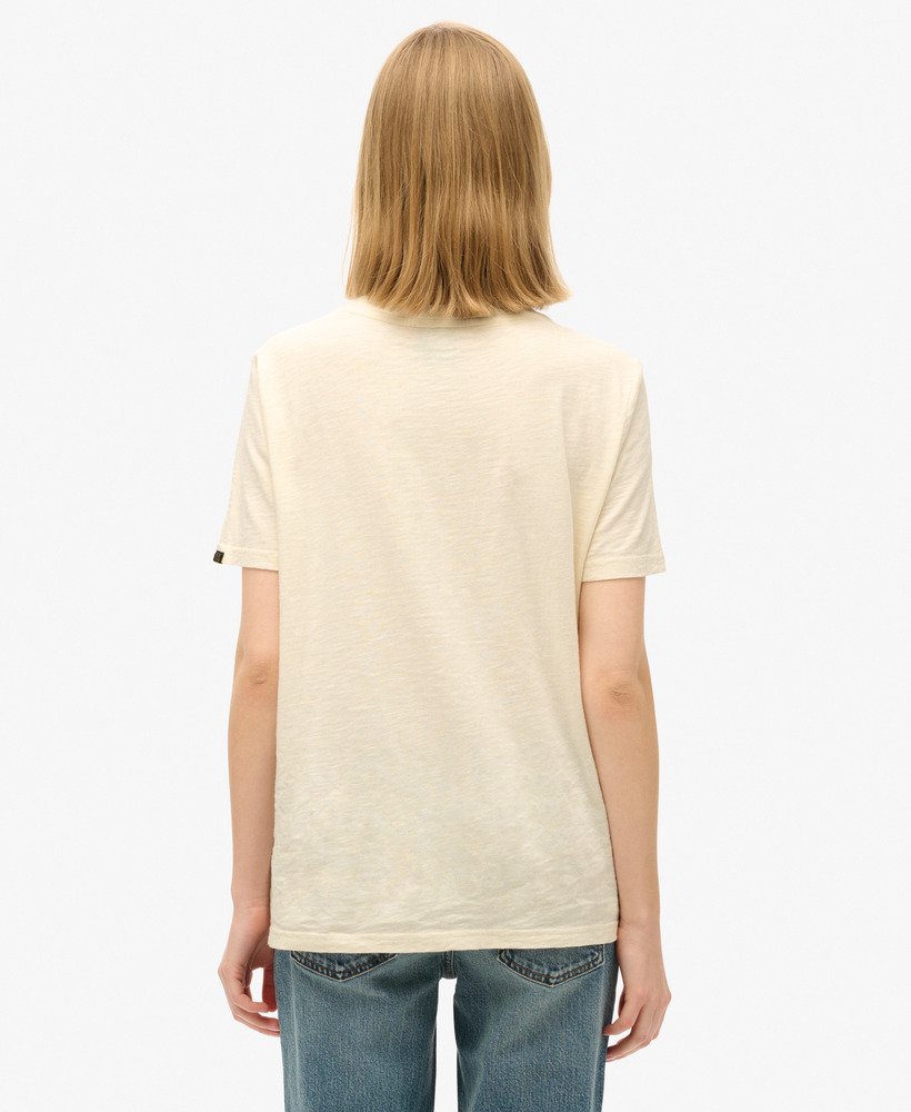 relaxed t-shirt met glitterlogo in crèmekleurige slubstof.