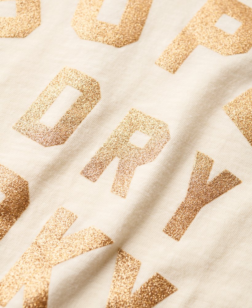 relaxed t-shirt met glitterlogo in crèmekleurige slubstof.