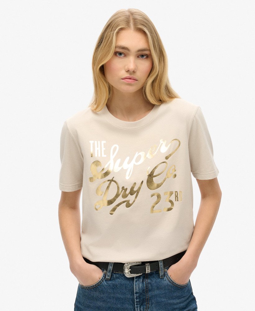 luxe metallic logo relaxed t-shirt in gebroken grijs