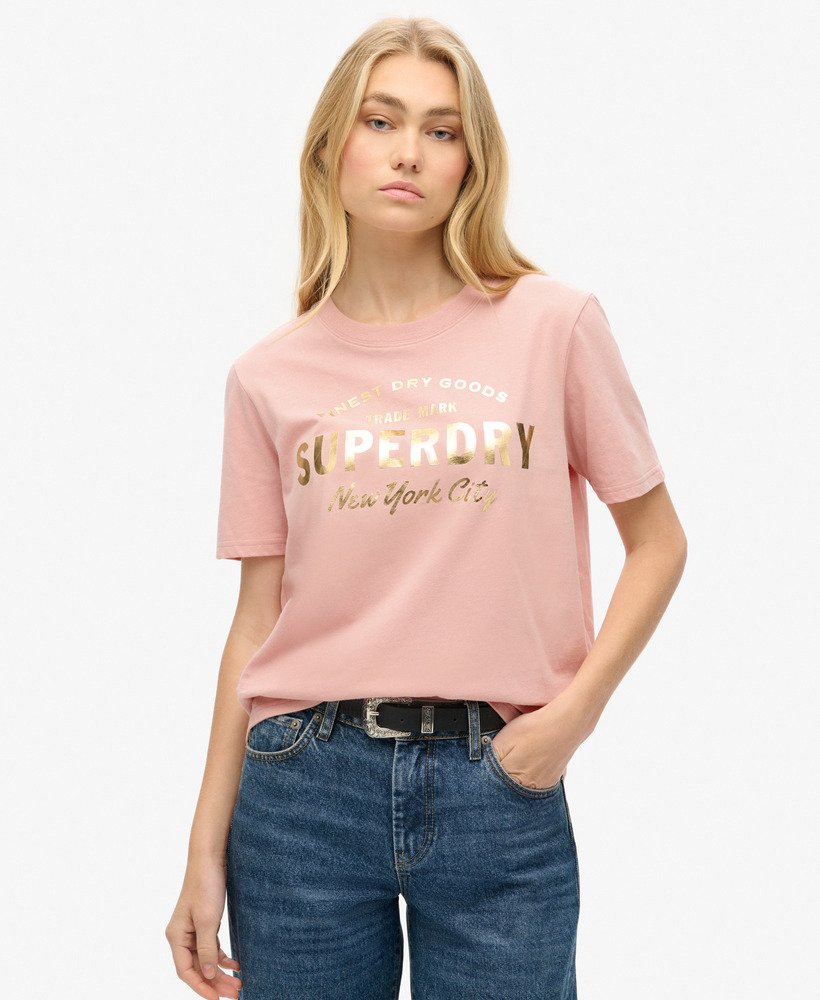 luxe metallic logo relaxed t-shirt in blushroze