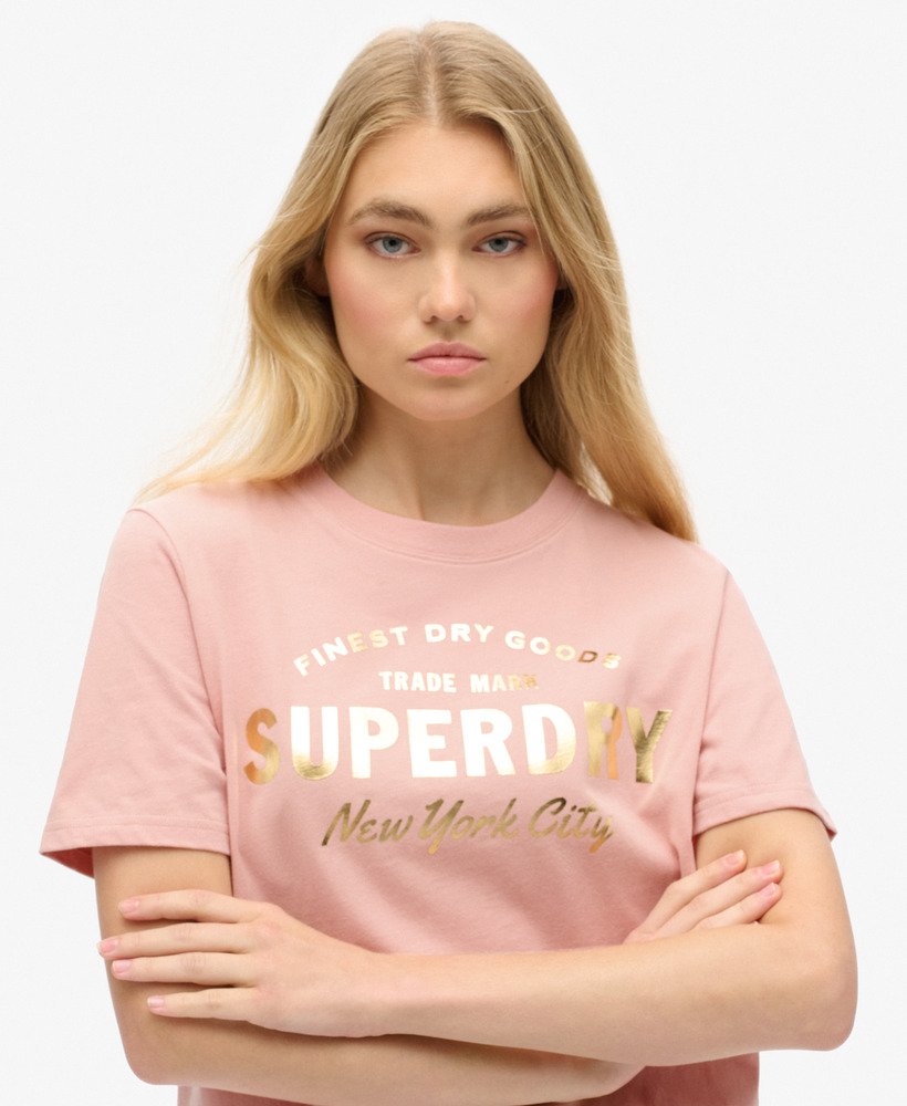 luxe metallic logo relaxed t-shirt in blushroze