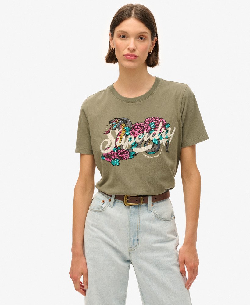 relaxed t-shirt met tattoo-opdruk in stoffig olijfgroen