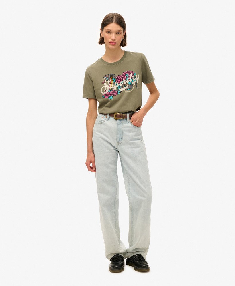 relaxed t-shirt met tattoo-opdruk in stoffig olijfgroen