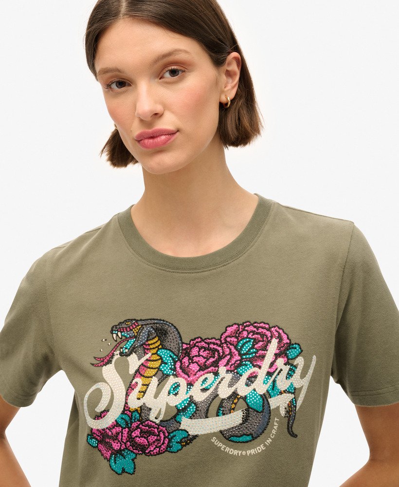 relaxed t-shirt met tattoo-opdruk in stoffig olijfgroen