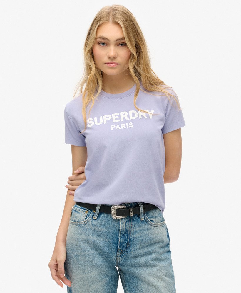 sport luxe graphic fitted t-shirt in dull purple