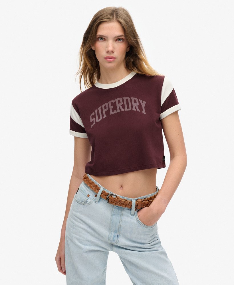 athletic essentials graphic ringer t-shirt in port red