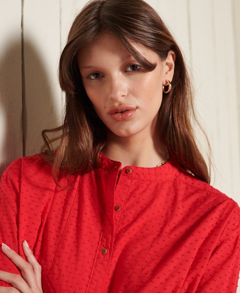 blouse met opstaande kraag in campusrood