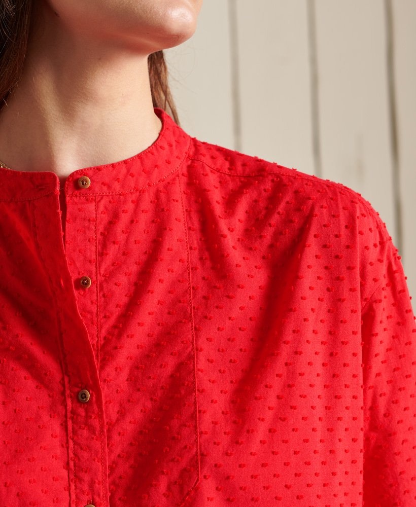 blouse met opstaande kraag in campusrood
