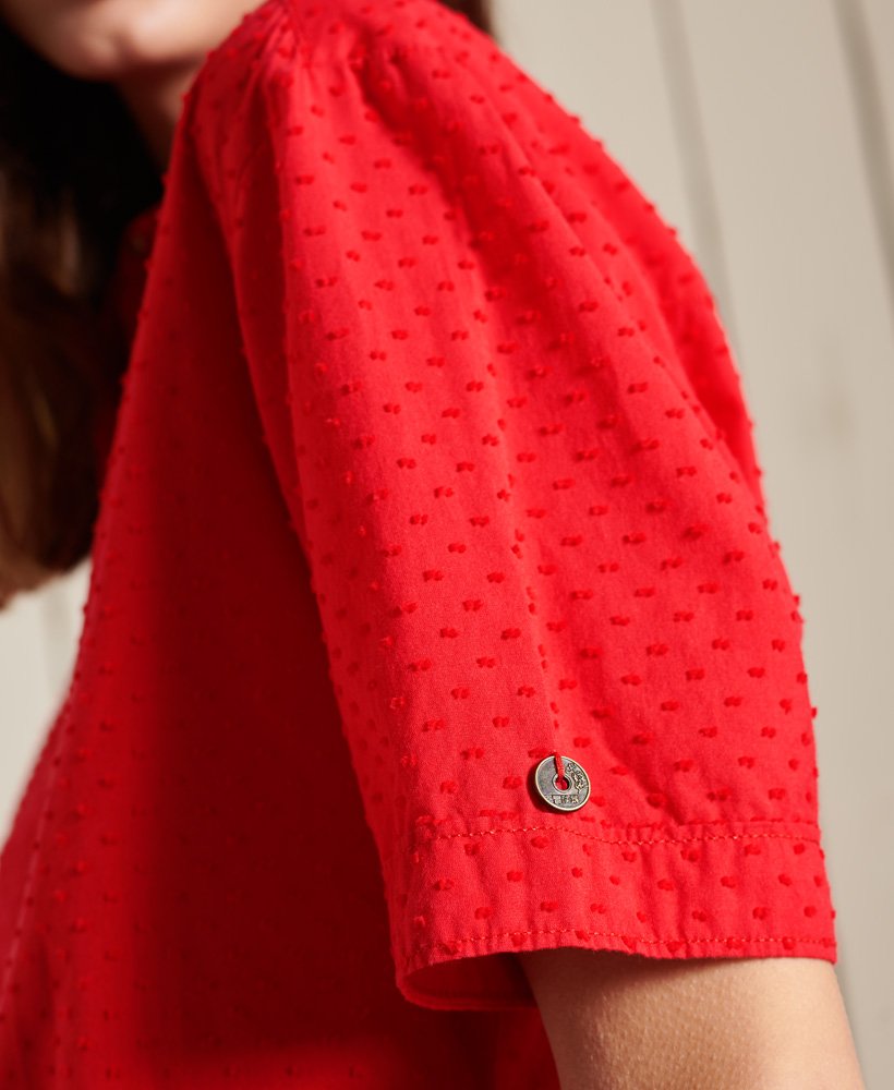 blouse met opstaande kraag in campusrood