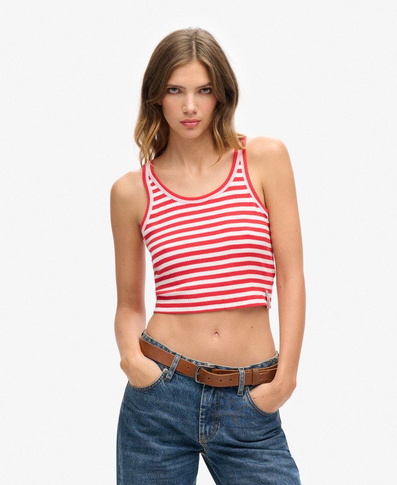vintage geribbelde crop top van biologisch katoen met een opvallende rode streep.