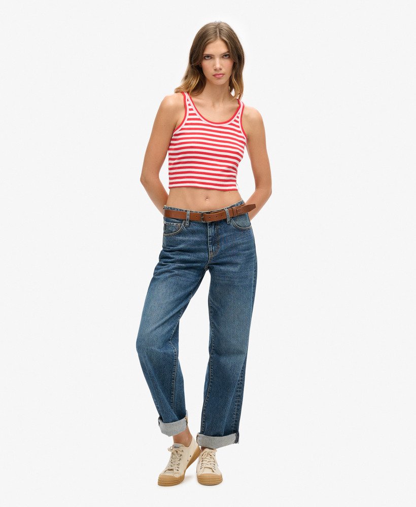 vintage geribbelde crop top van biologisch katoen met een opvallende rode streep.