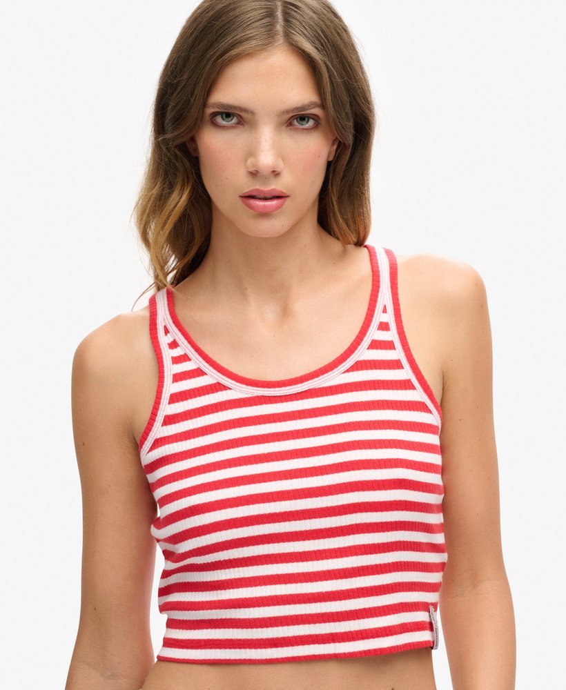vintage geribbelde crop top van biologisch katoen met een opvallende rode streep.