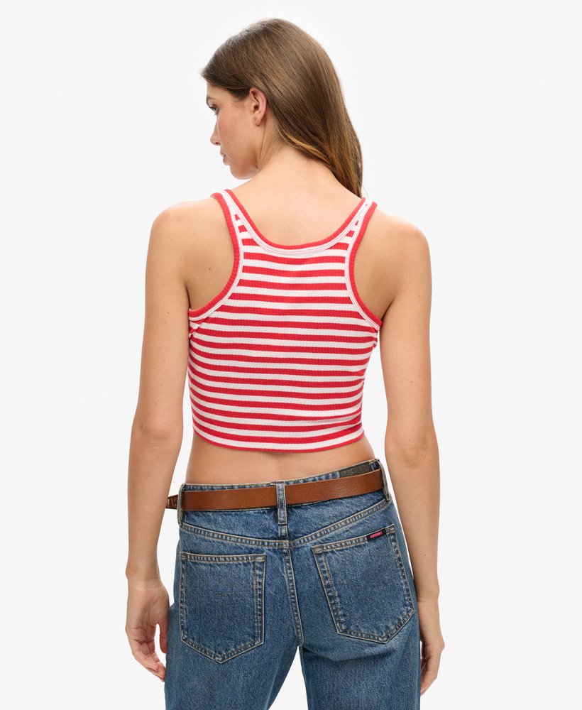 vintage geribbelde crop top van biologisch katoen met een opvallende rode streep.