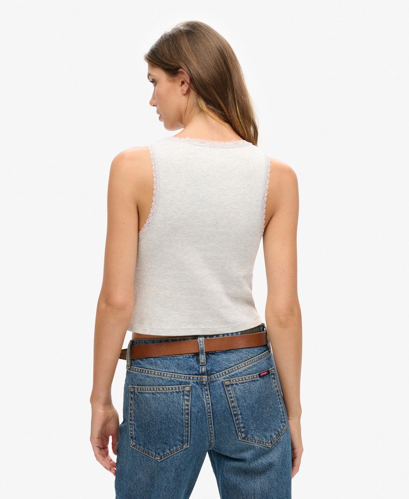 vintage vest van biologisch katoen met kanten afwerking in gletsjergrijs gemêleerd.
