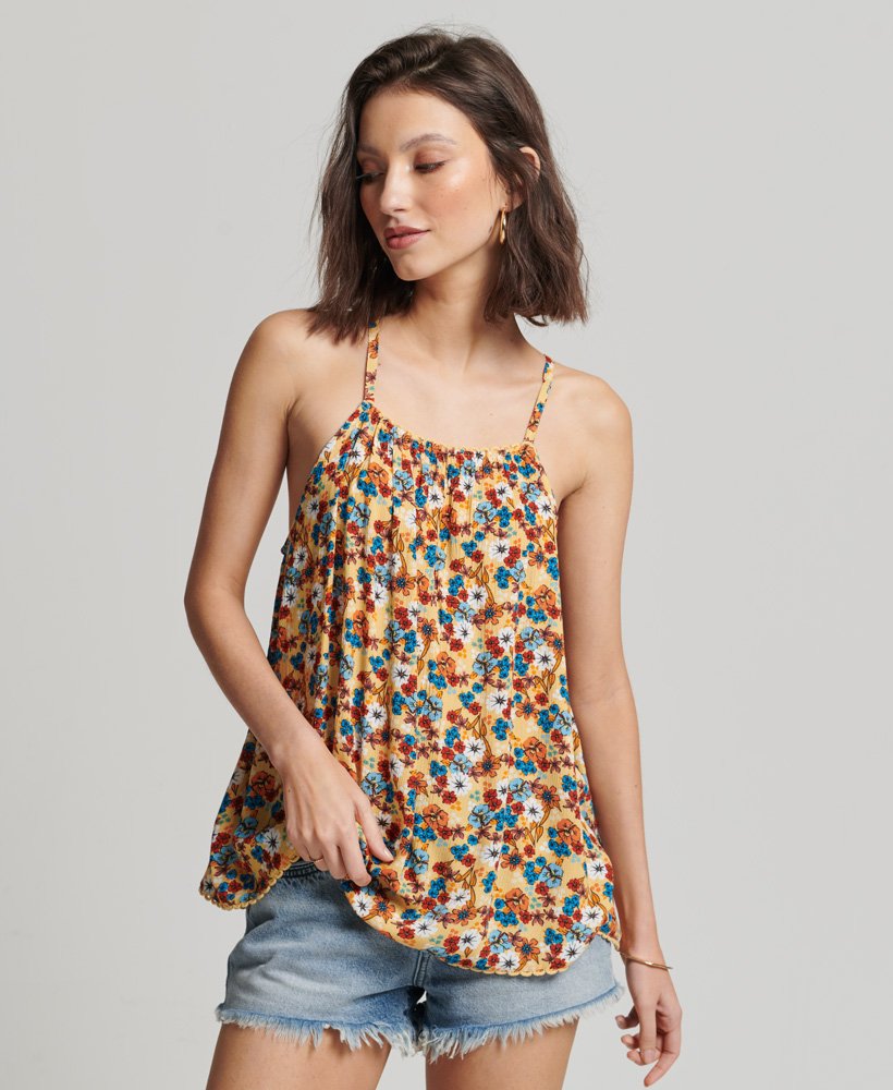 halter strandtopje in jaren 70 gele bloemenprint