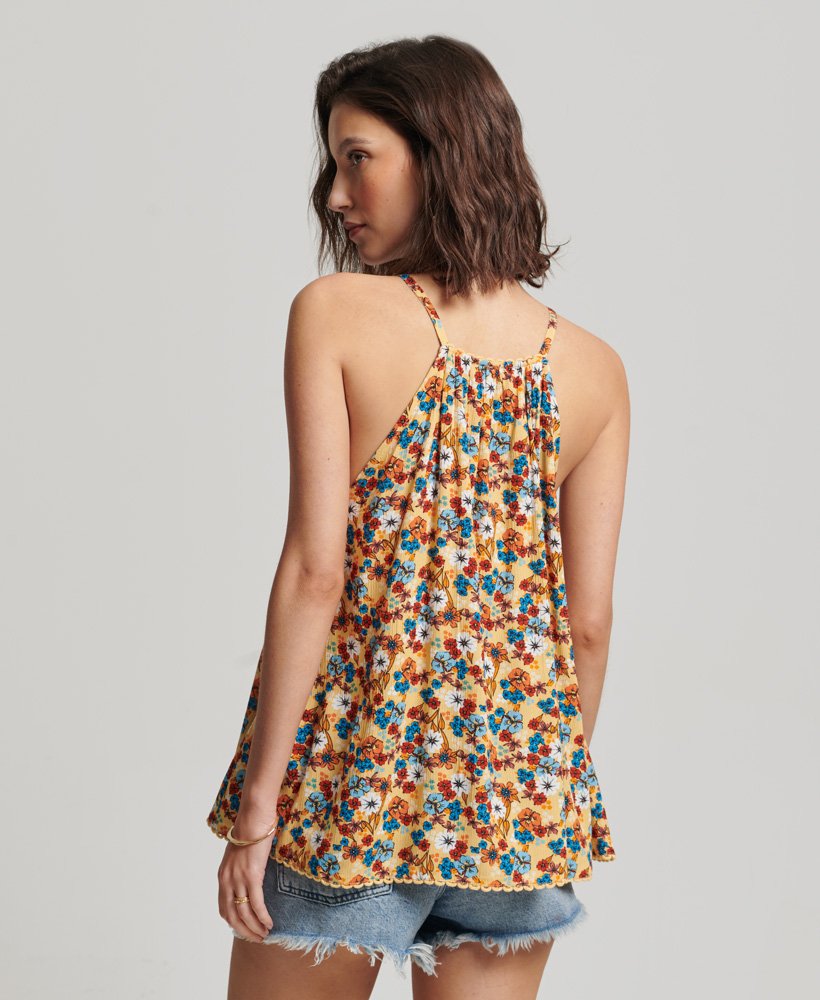 halter strandtopje in jaren 70 gele bloemenprint